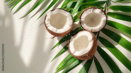 Coconut with greens on white background