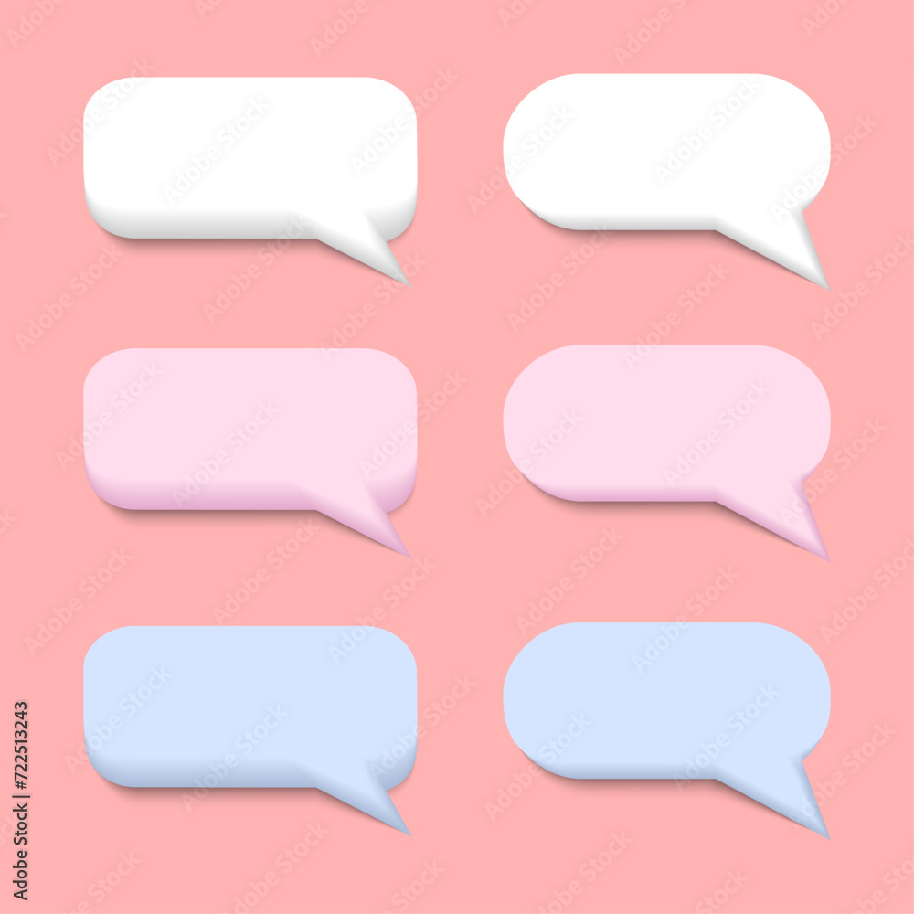 3D empty speech bubbles with straight sides and rounded corners, white, pink and blue, isolated on a pastel background. Chat, message and dialogue symbol. Vector illustration 3D empty speech bubbles with straight sides and rounded corners, white, pink and blue, isolated on a pastel background. Chat, message and dialogue symbol. Vector illustration