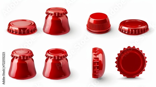 Red plastic cap for bottles with water, soda, beer or juice in different angle of views. Circle screw lid for drink containers isolated on white background, vector realistic set photo