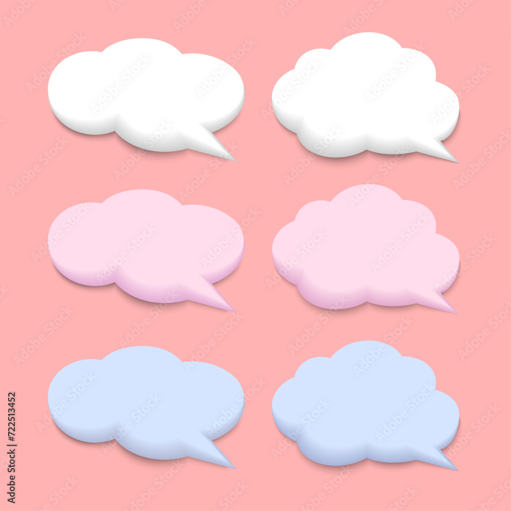 Set of minimal empty 3D chat signs. 3D vector illustration of a speech bubble in the shape of a cloud. White, pink and blue. Vector illustration Set of minimal empty 3D chat signs. 3D vector illustration of a speech bubble in the shape of a cloud. White, pink and blue. Vector illustration