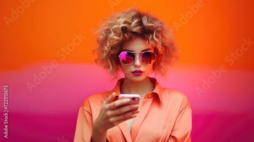 Beautiful lady in peach dress  holding her phone
