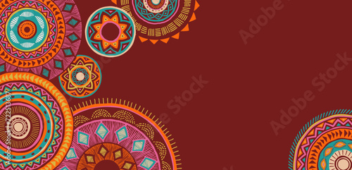 Africa patterned design. African background, banner with tribal traditional grunge pattern, elements, concept illustration. Masks, patterns, African symbols and colors