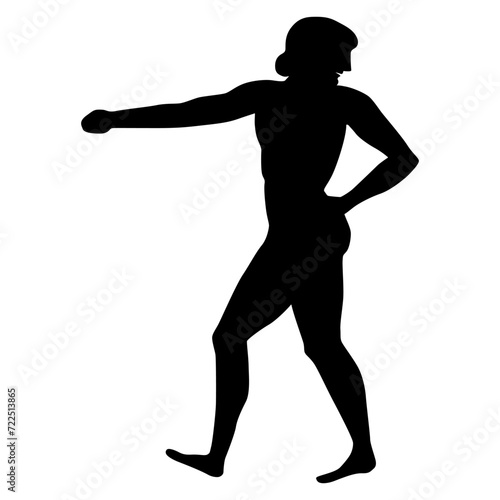 Naked ancient Greek man in dynamic pose with raised arm. Vase painting style. Black silhouette on white background.