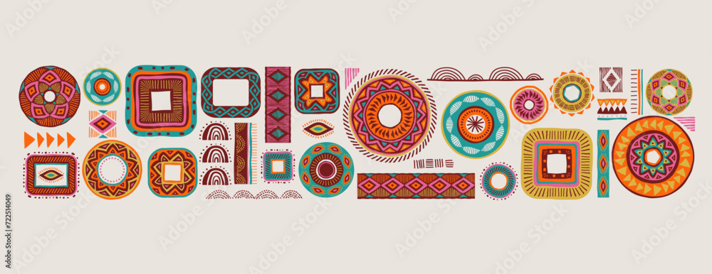 African pattern elements, symbols, icons. Colorful tribal, Aztec, African, Indian hand drawn lines, elements, circles. Concept illustrations collection - obrazy, fototapety, plakaty 