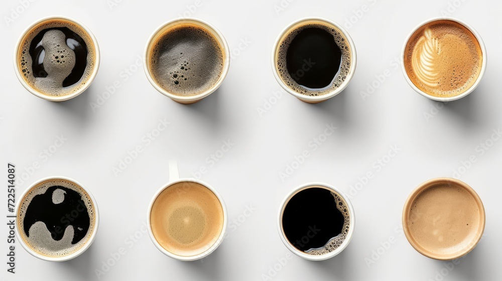 Set of paper take away cups of different black coffee isolated on white background, top view - obrazy, fototapety, plakaty 