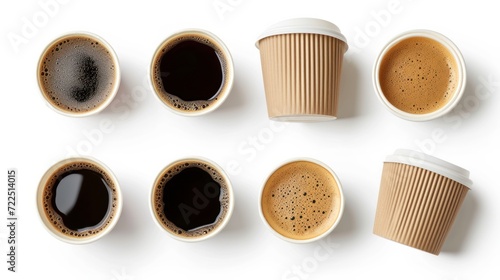Set of paper take away cups of different black coffee isolated on white background, top view