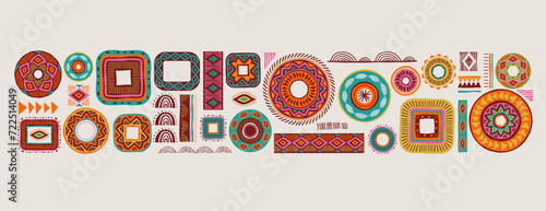 African pattern elements, symbols, icons. Colorful tribal, Aztec, African, Indian hand drawn lines, elements, circles. Concept illustrations collection