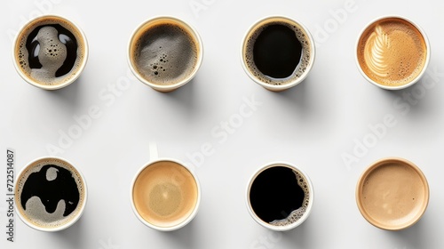 Set of paper take away cups of different black coffee isolated on white background, top view photo
