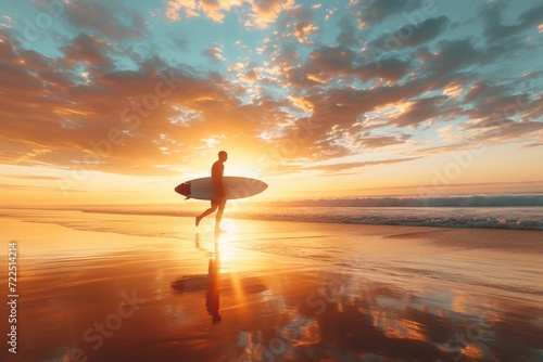 Surfer Walking on Beach at Sunset