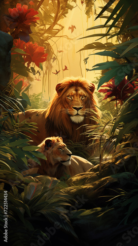 A Jungle Scene with Lions and Birds photo