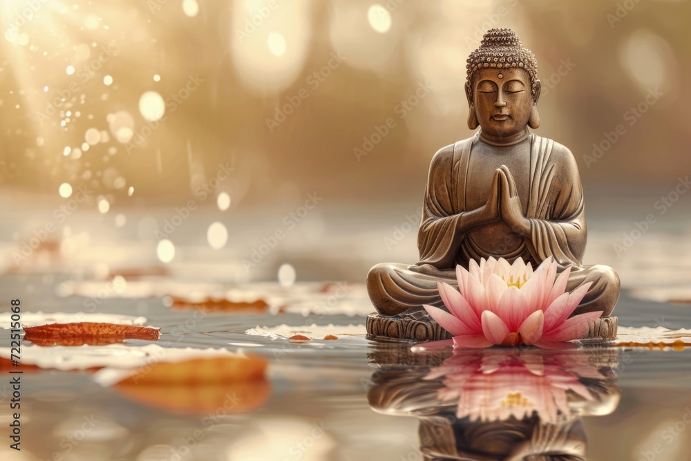Zen Buddha Statue with Lotus Flower at Sunset