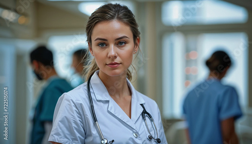 young female doctor wearing stethoscope with nurse background
