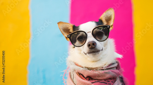 dog sunglasses and scarf in studio with a colorful and bright background.A funny dog. Generative Ai