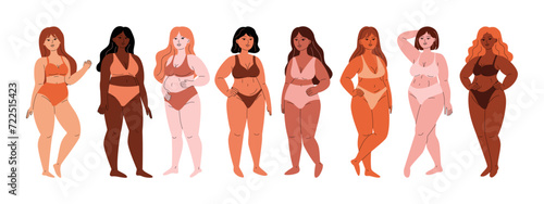 Plump plus size women. Cartoon chubby female characters different skin tones body shapes, body positive feminism concept. Vector isolated set