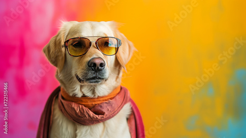 dog sunglasses and scarf in studio with a colorful and bright background.A funny dog. Generative Ai © We3 Animal