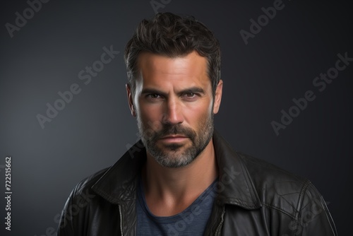Portrait of a handsome man in leather jacket over dark background.