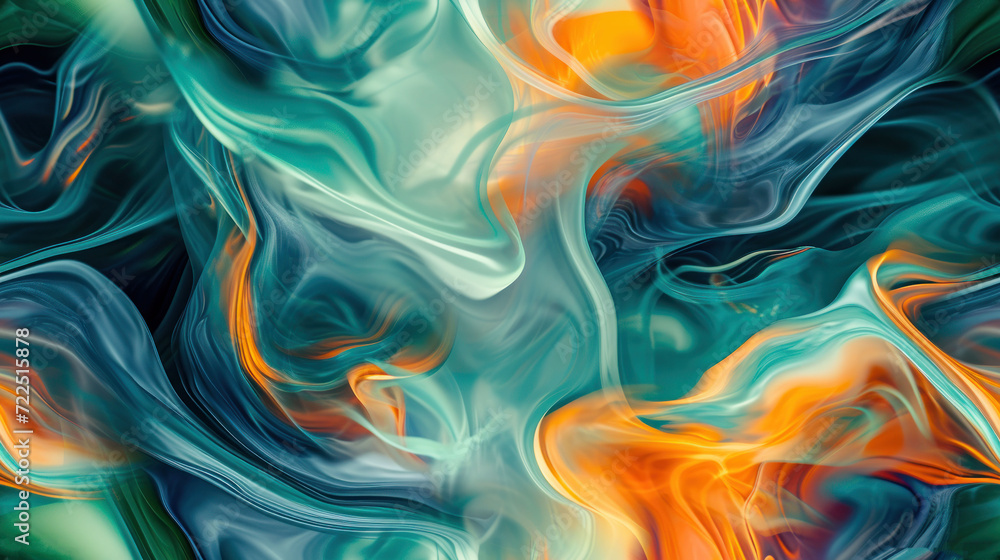 an abstract painting of blue, green, orange, and yellow swirls on a black background with a white border. an abstract painting of blue, green, orange, and yellow swirls on a black background with a white border.
