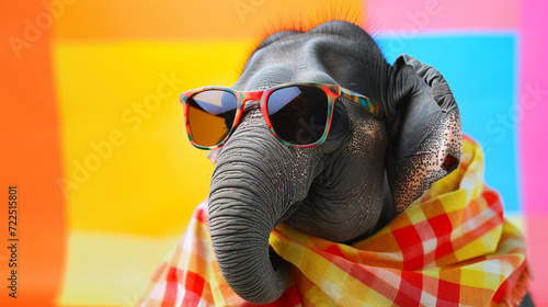 elephant sunglasses and scarf in studio with a colorful and bright background. Generative Ai
