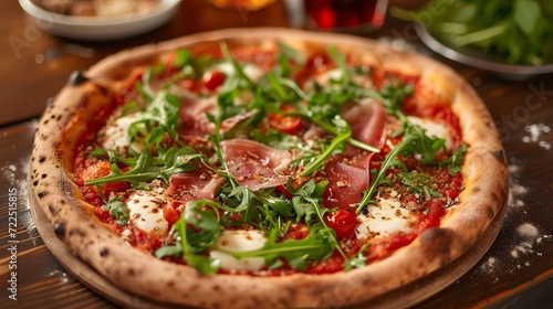 wood-fired pizza with a charred, blistered crust, tangy San Marzano tomato sauce, creamy buffalo mozzarella, and a medley of fresh toppings like arugula and prosciutto