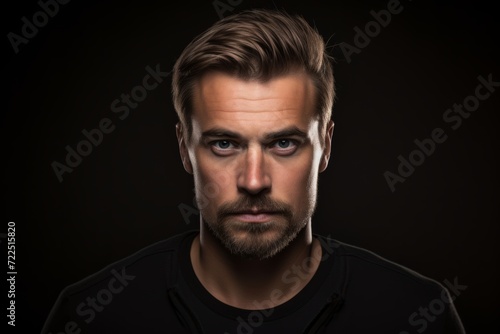 Portrait of a handsome young man with beard and mustache over black background.