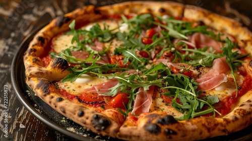 wood-fired pizza with a charred, blistered crust, tangy San Marzano tomato sauce, creamy buffalo mozzarella, and a medley of fresh toppings like arugula and prosciutto