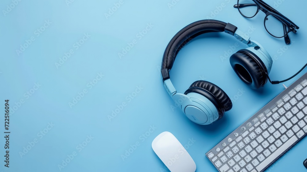 VOIP Helpdesk headset, keyboard computer notebook and mouse isolated on blue background. Communication support for callcenter and customer service Helpdesk VOIP Helpdesk headset, keyboard computer notebook and mouse isolated on blue background. Communication support for callcenter and customer service Helpdesk