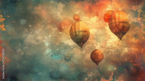  a painting of three hot air balloons flying in the sky over a cloud filled blue  orange and yellow sky.