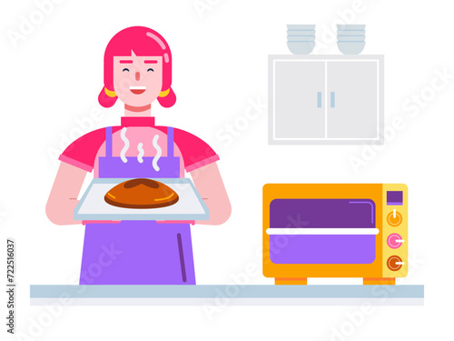 Woman succeeds in making cake. Dessert vector illustrations.