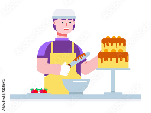 Patissier is making and preparing tart cake. Dessert vector illustrations. © roundsquid