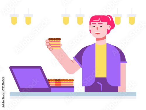 Woman will eat the layer cake. Dessert vector illustrations.