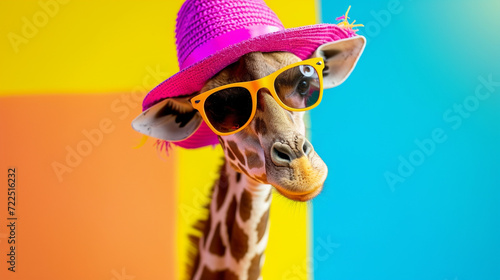 Cute Giraffe sunglasses and summer hat in studio with a colorful and bright background Generative Ai