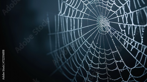  a close up of a spider web with drops of dew on the spider's web on a black background.