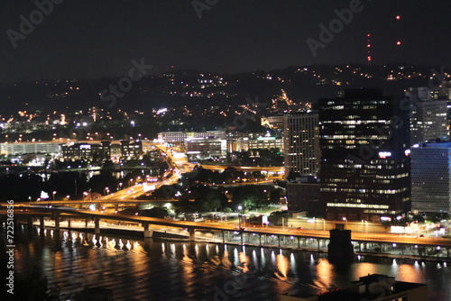 Panoramic view of downtown and river. Architecture of Downtown Pittsburgh. Southwest Pennsylvania at the confluence of the Allegheny River and the Monongahela River  the Ohio River.