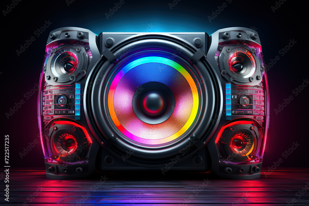 Bright color music column, speaker on a dark background. Generated by artificial intelligence Bright color music column, speaker on a dark background. Generated by artificial intelligence