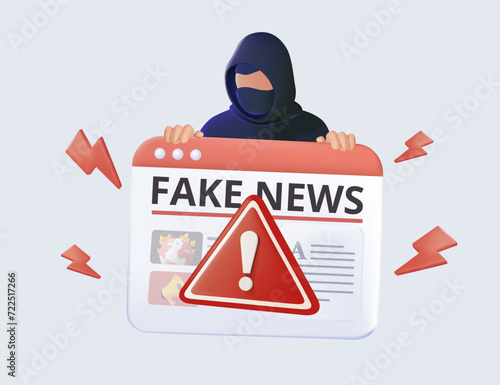 Hooded hacker person using computer in infodemic concept with digital disinformation. Fake news trendy 3D conception. Newspaper, cyberattack, internet troll. Elements for banners, poster, sosial media photo