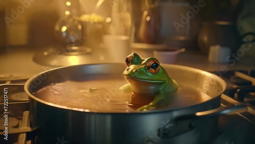 An enchanted frog prince from a fairy tale, being boiled in a pot or cauldron, submerged in water with smoke around. Metaphor of the passivity of a toad being cooked slowly photo