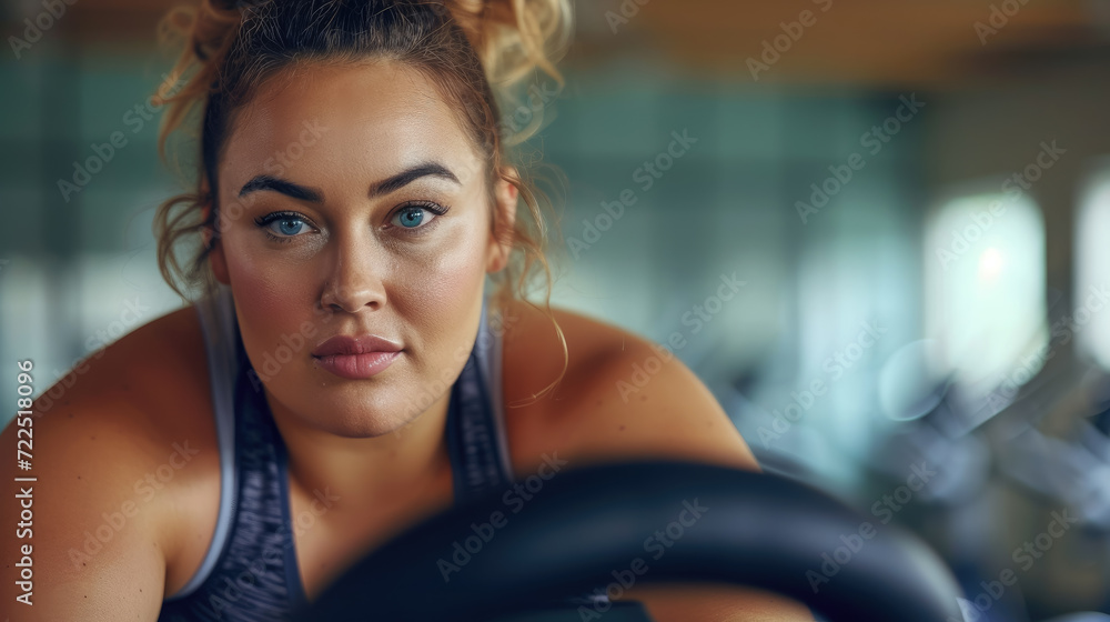beautiful overweight woman in sportswear on an exercise bike in a fitness club, losing weight, active lifestyle, sport, fat girl, people, portrait, gym beautiful overweight woman in sportswear on an exercise bike in a fitness club, losing weight, active lifestyle, sport, fat girl, people, portrait, gym
