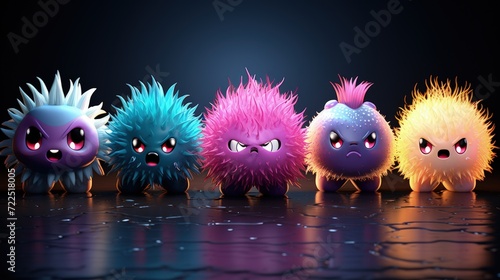 Cartoon characters cute, funny evil viruses, whimsical and infectious, creative and humorous animation of infectious microorganisms in comical and imaginative scenarios.
