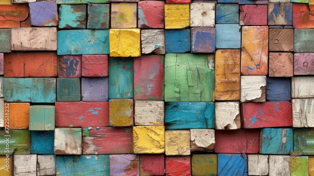 a close up of a multicolored wall made of wooden planks with paint peeling off of the sides. a close up of a multicolored wall made of wooden planks with paint peeling off of the sides.