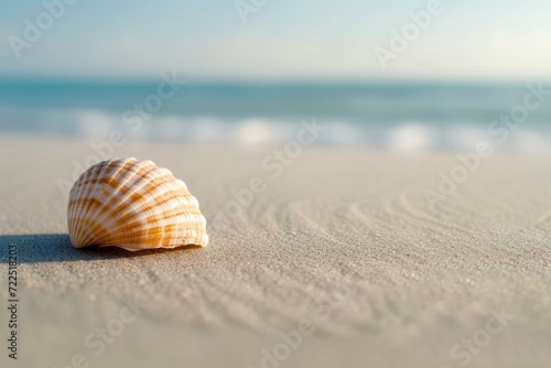 A solitary invertebrate rests on the sandy ground, its conch shell glistening under the warm rays of the sun on a peaceful beach by the ocean © ChaoticMind