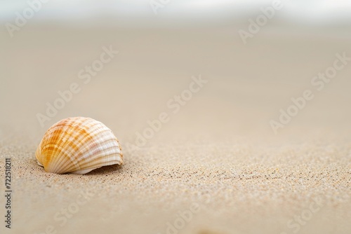 A serene beach scene, with an invertebrate mollusk shell lying peacefully on the sandy ground, surrounded by other shellfish such as cockles and conchs from the veneroida bivalve family, giving a sen