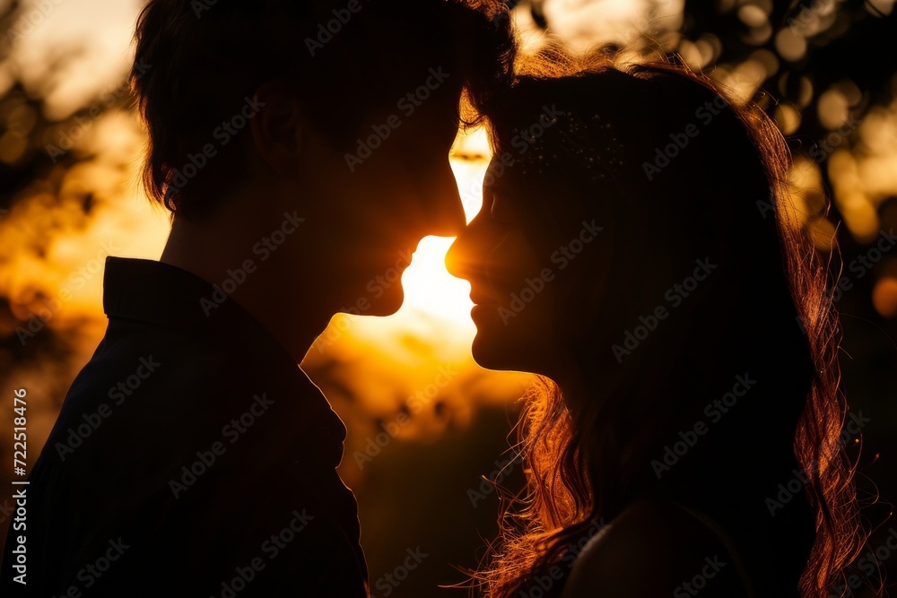 A passionate kiss under the setting sun, as the silhouette of a couple melts into the darkening sky