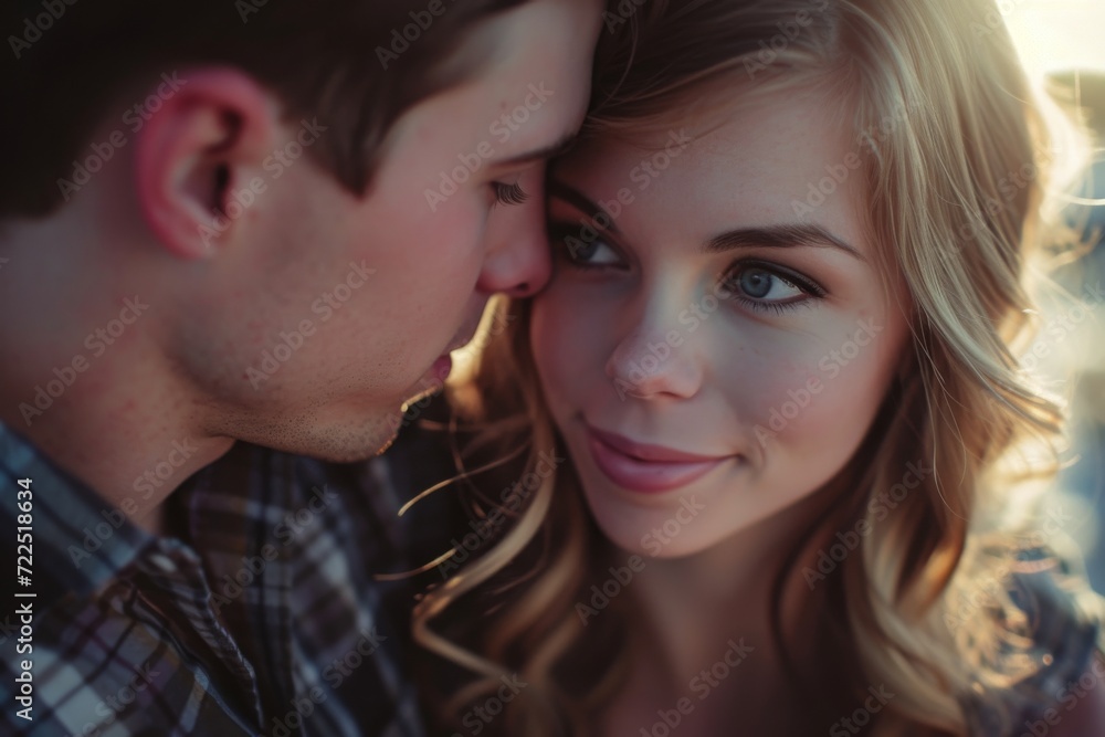 A passionate moment between two individuals as their eyes meet, lips lock, and love ignites in the warm outdoor setting A passionate moment between two individuals as their eyes meet, lips lock, and love ignites in the warm outdoor setting