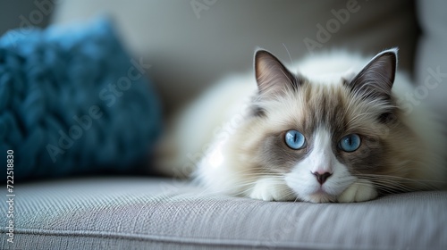 A beautiful Ragdoll Cat indoors lounging on a sofa with it's bright blue eyes staring at the camera © Mystikal Forest