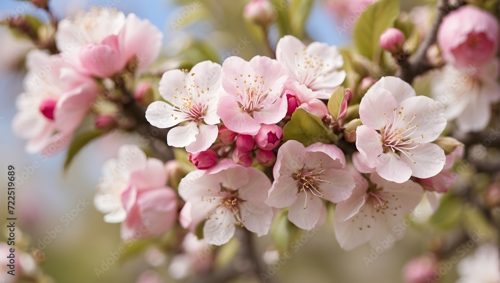 Apple tree in bloom with pink and white flowers, springtime, soft focus. generative AI