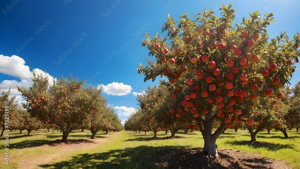 Apple tree full of red apples in a sunny orchard, clear blue sky. generative AI Apple tree full of red apples in a sunny orchard, clear blue sky. generative AI