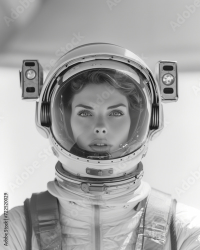 1950's Atomic age portrait of model as astronaut wearing sci-fi style space suit and helmet in preparation for experimental interstellar travel to the moon and beyond.	