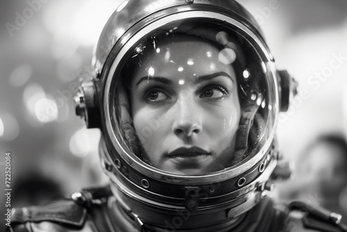 1950's Atomic age portrait of model as astronaut wearing sci-fi space suit and helmet in preparation for experimental interstellar travel to the moon and beyond.	
