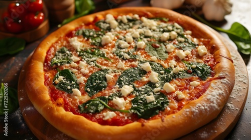 spinach and feta pizza with a golden crust, tangy tomato sauce, creamy feta cheese, tender spinach leaves, and a dusting of grated Parmesan photo