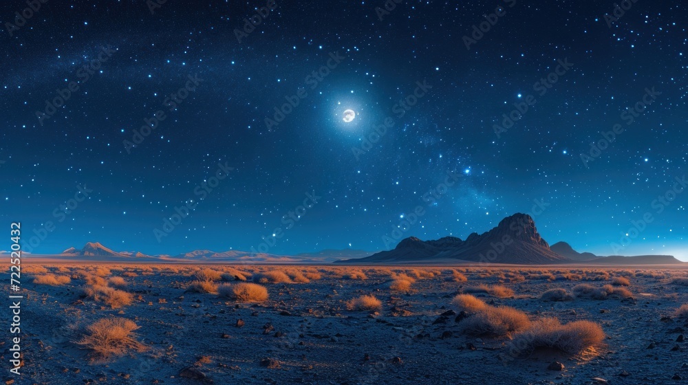  a view of a desert with a mountain in the distance and a star filled sky with stars in the distance.